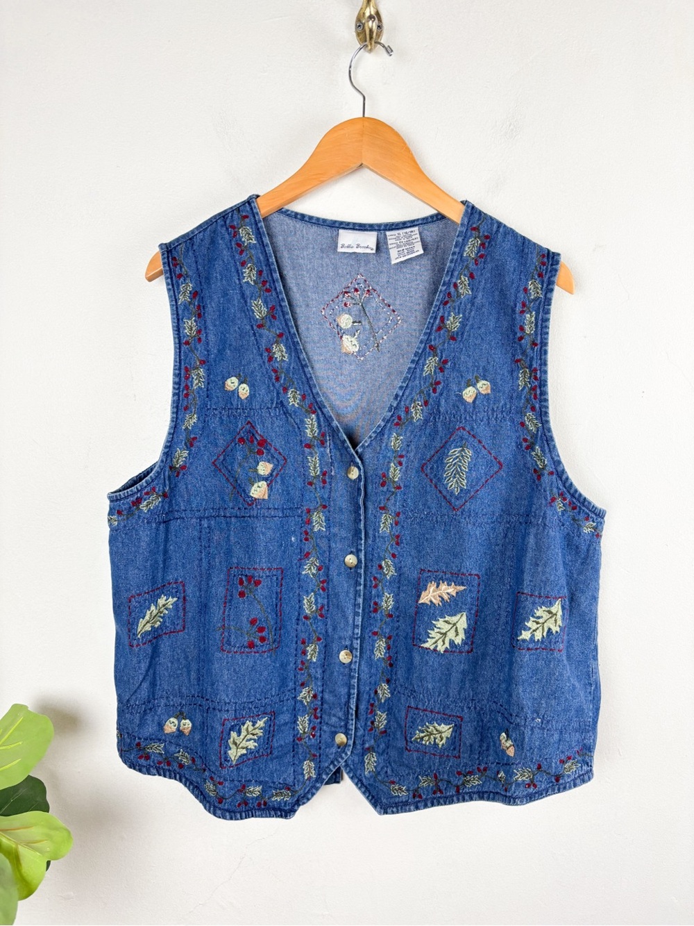Vintage 90s Bobbie Brooks Fall Leaf Embroidered Denim Vest Sz XL
